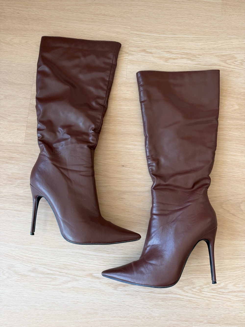 Public Desire Brown Pointed Stiletto Knee Boots